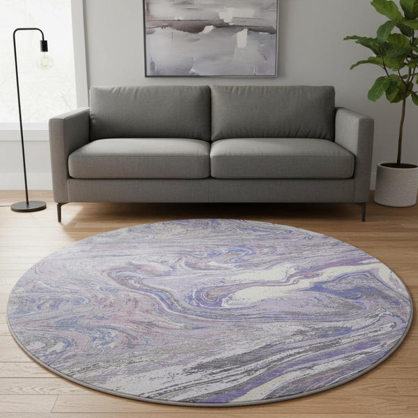 HomeRoots 8' Stylish Lavender Gray and Ivory Abstract Washable Round Rug with UV Protection for Every Space 683120