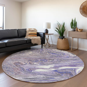 HomeRoots 8' Stylish Lavender Gray and Ivory Abstract Washable Round Rug with UV Protection for Every Space 683120