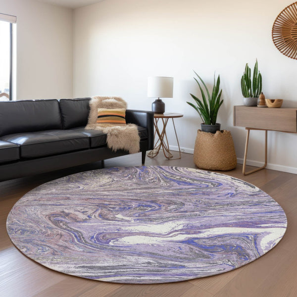 HomeRoots 8' Stylish Lavender Gray and Ivory Abstract Washable Round Rug with UV Protection for Every Space 683120
