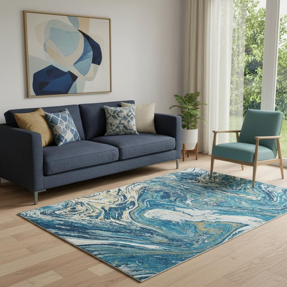 HomeRoots 5' X 8' Navy Blue Gold White Abstract Area Rug – Stylish, Durable, Washable with UV Protection & Stain Resistance 683125