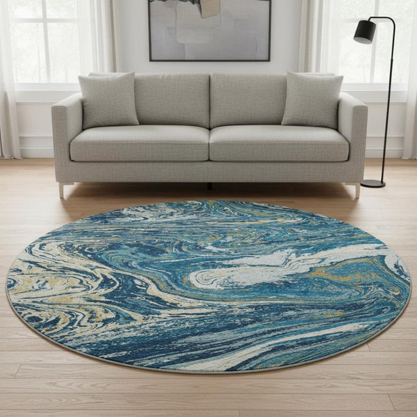 HomeRoots 8' Navy Blue Gold Abstract Washable Round Rug - Durable, Stylish, UV-Resistant for High-Traffic Areas 683126