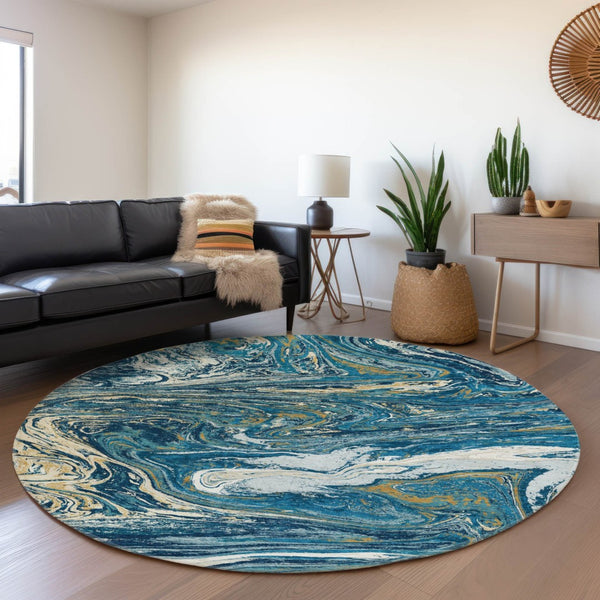 HomeRoots 8' Navy Blue Gold Abstract Washable Round Rug - Durable, Stylish, UV-Resistant for High-Traffic Areas 683126