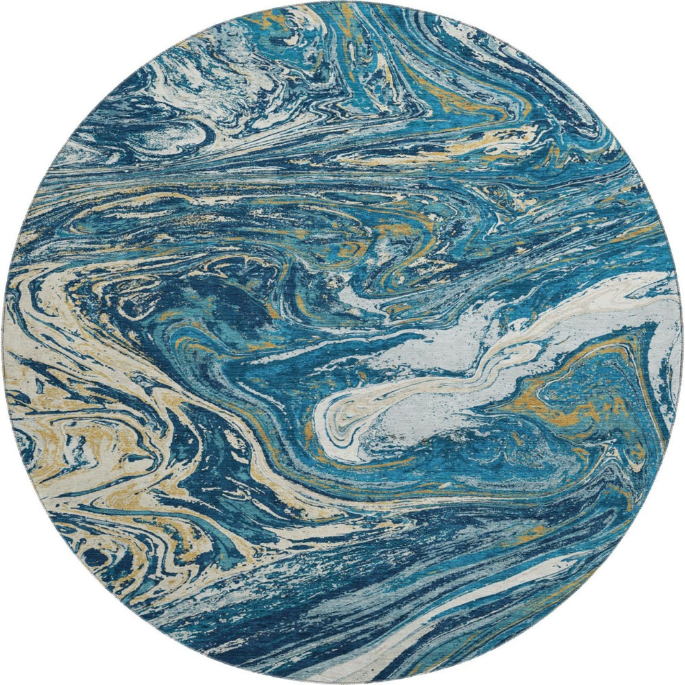 HomeRoots 8' Navy Blue Gold Abstract Washable Round Rug - Durable, Stylish, UV-Resistant for High-Traffic Areas 683126