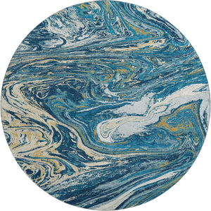 HomeRoots 8' Navy Blue Gold Abstract Washable Round Rug - Durable, Stylish, UV-Resistant for High-Traffic Areas 683126