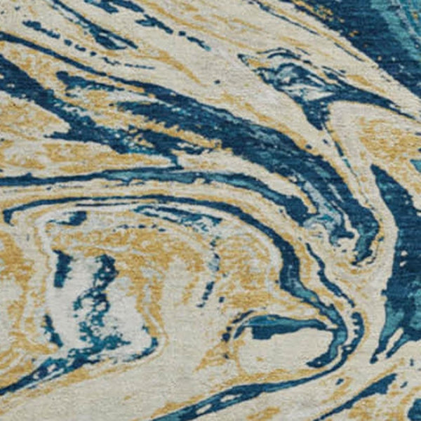 HomeRoots 8' Navy Blue Gold Abstract Washable Round Rug - Durable, Stylish, UV-Resistant for High-Traffic Areas 683126