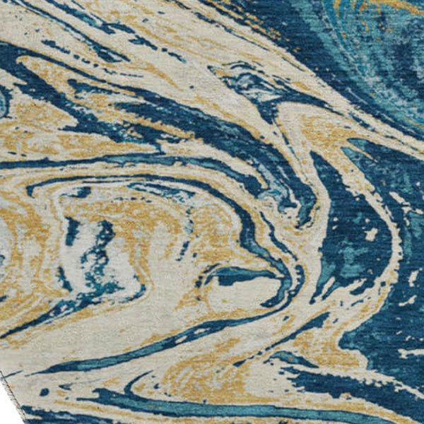 HomeRoots 8' Navy Blue Gold Abstract Washable Round Rug - Durable, Stylish, UV-Resistant for High-Traffic Areas 683126