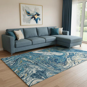 HomeRoots 8' X 10' Navy Blue Gold White Abstract Washable Area Rug - Durable, UV-Protected, Easy-Care Design 683127