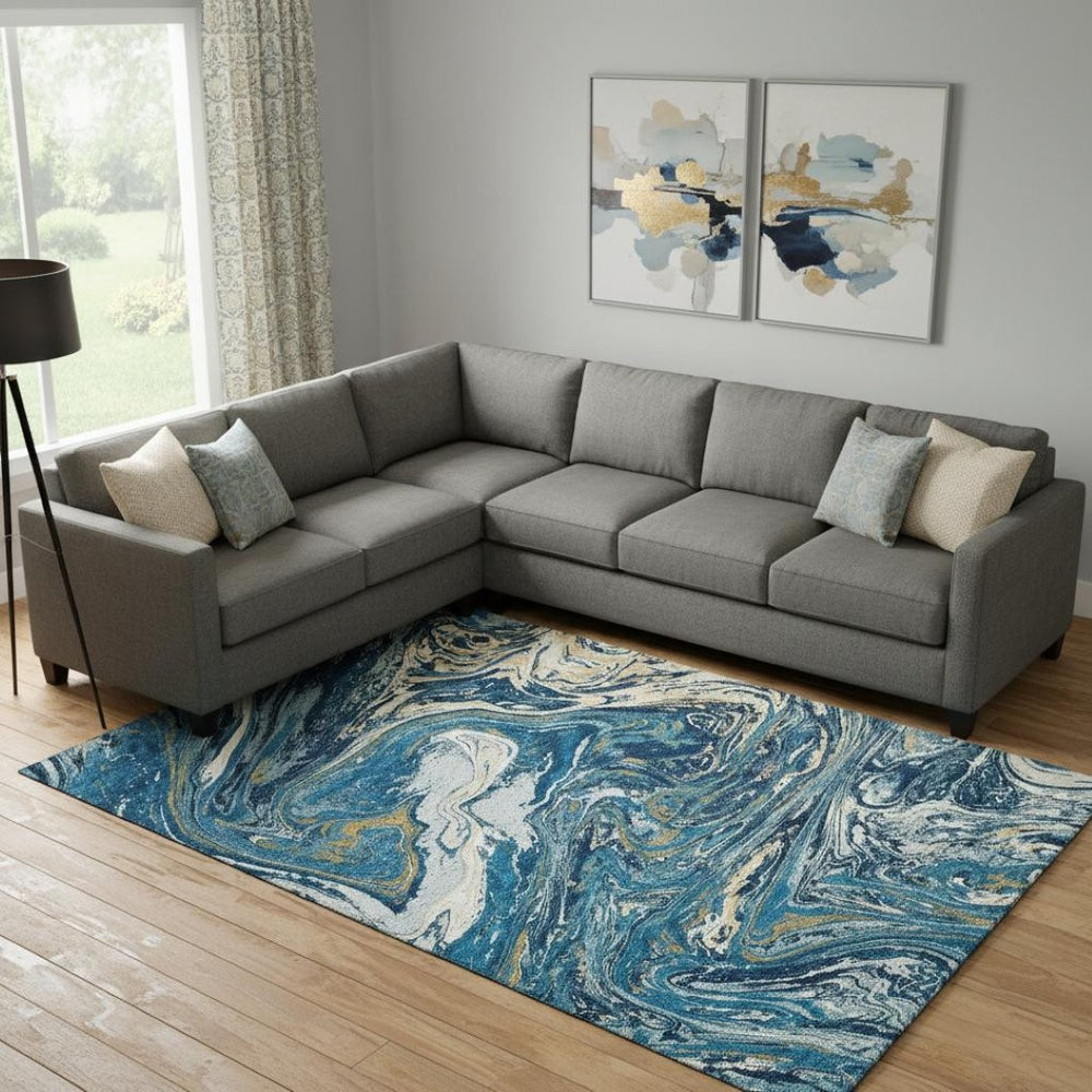 HomeRoots 9' X 12' Stylish Abstract Washable Area Rug in Navy, Gold & White - Durable, UV Resistant Design 683128