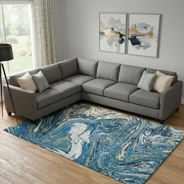 HomeRoots 9' X 12' Stylish Abstract Washable Area Rug in Navy, Gold & White - Durable, UV Resistant Design 683128