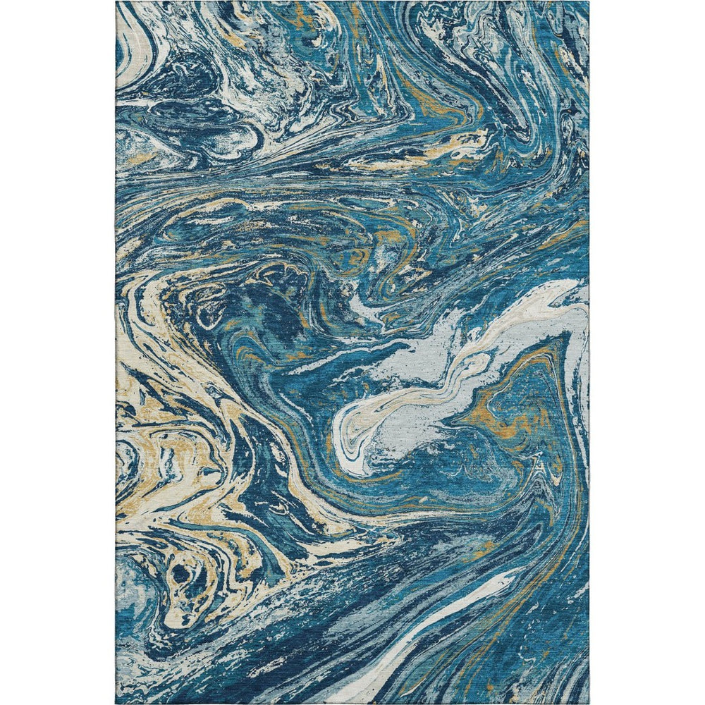 HomeRoots 9' X 12' Stylish Abstract Washable Area Rug in Navy, Gold & White - Durable, UV Resistant Design 683128