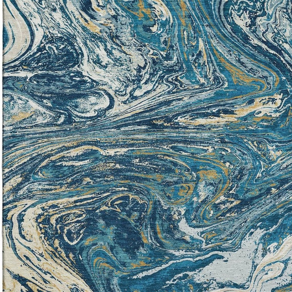 HomeRoots 9' X 12' Stylish Abstract Washable Area Rug in Navy, Gold & White - Durable, UV Resistant Design 683128