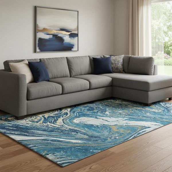 HomeRoots 10' Modern Abstract Navy Blue, Gold & White Washable Area Rug with UV Protection for Durability 683129