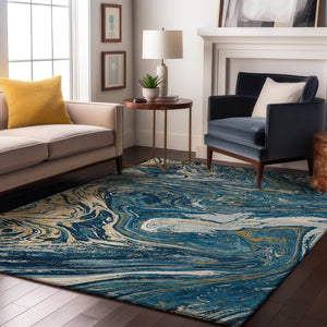 HomeRoots 10' Modern Abstract Navy Blue, Gold & White Washable Area Rug with UV Protection for Durability 683129