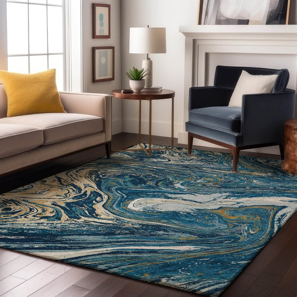 HomeRoots 10' Modern Abstract Navy Blue, Gold & White Washable Area Rug with UV Protection for Durability 683129