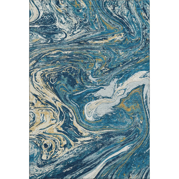 HomeRoots 10' Modern Abstract Navy Blue, Gold & White Washable Area Rug with UV Protection for Durability 683129