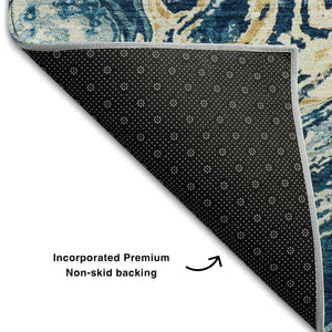 HomeRoots 10' Modern Abstract Navy Blue, Gold & White Washable Area Rug with UV Protection for Durability 683129