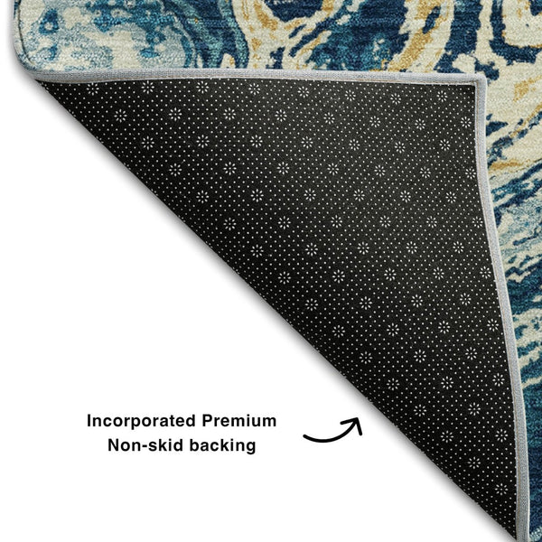 HomeRoots 10' Modern Abstract Navy Blue, Gold & White Washable Area Rug with UV Protection for Durability 683129