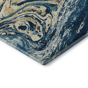 HomeRoots 10' Modern Abstract Navy Blue, Gold & White Washable Area Rug with UV Protection for Durability 683129
