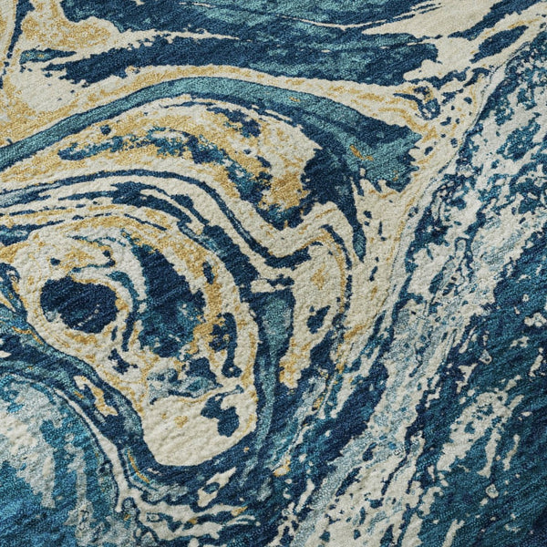 HomeRoots 10' Modern Abstract Navy Blue, Gold & White Washable Area Rug with UV Protection for Durability 683129