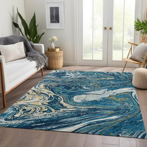 HomeRoots 10' Modern Abstract Navy Blue, Gold & White Washable Area Rug with UV Protection for Durability 683129