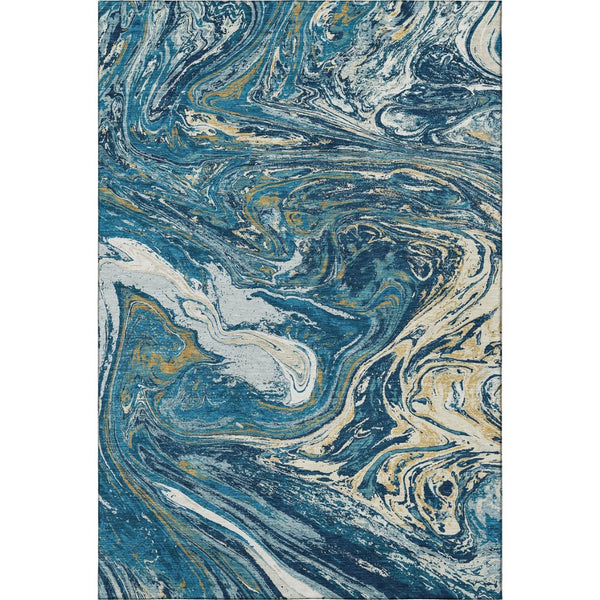 HomeRoots 10' Modern Abstract Navy Blue, Gold & White Washable Area Rug with UV Protection for Durability 683129