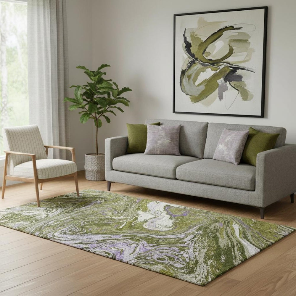 HomeRoots 5' X 8' Washable Area Rug in Olive Green, Purple & Ivory - Modern Abstract Design, UV Protected! 683131
