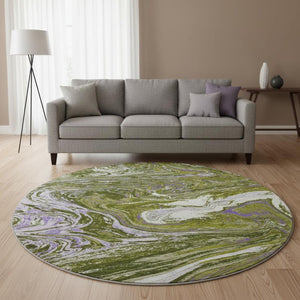 HomeRoots 8' Abstract Olive Green, Purple & Ivory Washable Round Rug with UV Protection for Busy Homes 683132