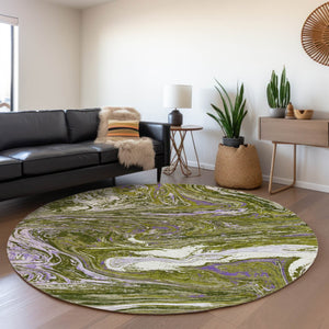 HomeRoots 8' Abstract Olive Green, Purple & Ivory Washable Round Rug with UV Protection for Busy Homes 683132