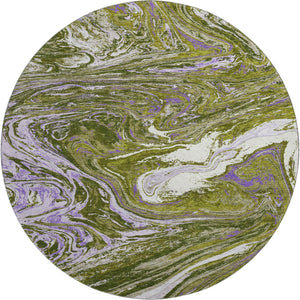 HomeRoots 8' Abstract Olive Green, Purple & Ivory Washable Round Rug with UV Protection for Busy Homes 683132