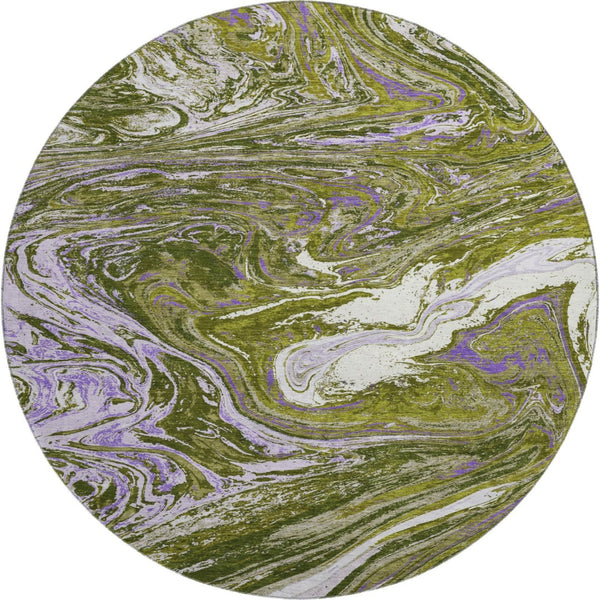 HomeRoots 8' Abstract Olive Green, Purple & Ivory Washable Round Rug with UV Protection for Busy Homes 683132