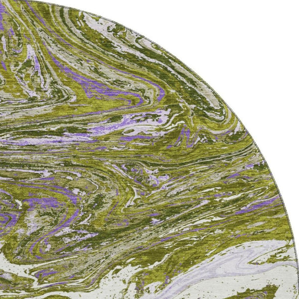 HomeRoots 8' Abstract Olive Green, Purple & Ivory Washable Round Rug with UV Protection for Busy Homes 683132