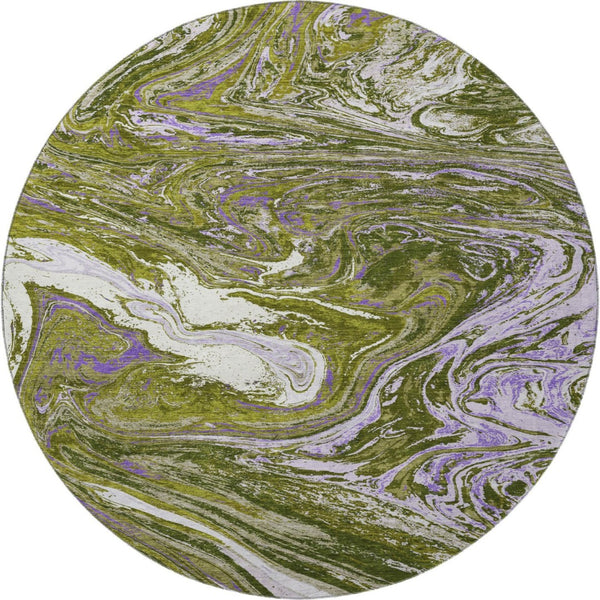 HomeRoots 8' Abstract Olive Green, Purple & Ivory Washable Round Rug with UV Protection for Busy Homes 683132