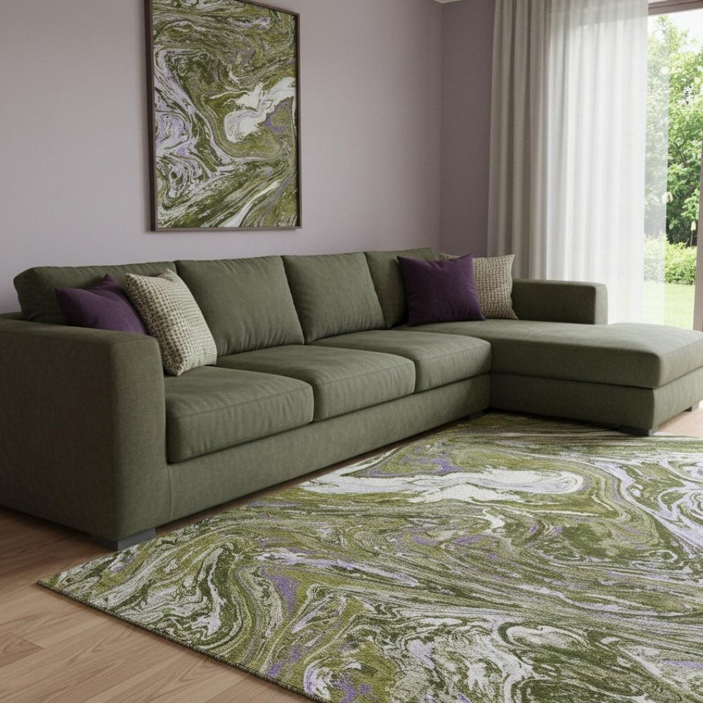 HomeRoots 8' X 10' Washable Abstract Area Rug in Olive Green, Purple & Ivory - Durable, UV Protected Design 683133