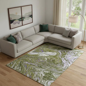 HomeRoots 9' X 12' Stylish Olive Green, Purple & Ivory Abstract Washable Area Rug with UV & Stain Protection 683134