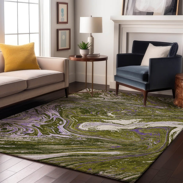 HomeRoots 9' X 12' Stylish Olive Green, Purple & Ivory Abstract Washable Area Rug with UV & Stain Protection 683134