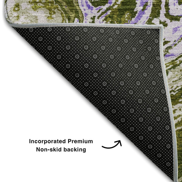 HomeRoots 9' X 12' Stylish Olive Green, Purple & Ivory Abstract Washable Area Rug with UV & Stain Protection 683134
