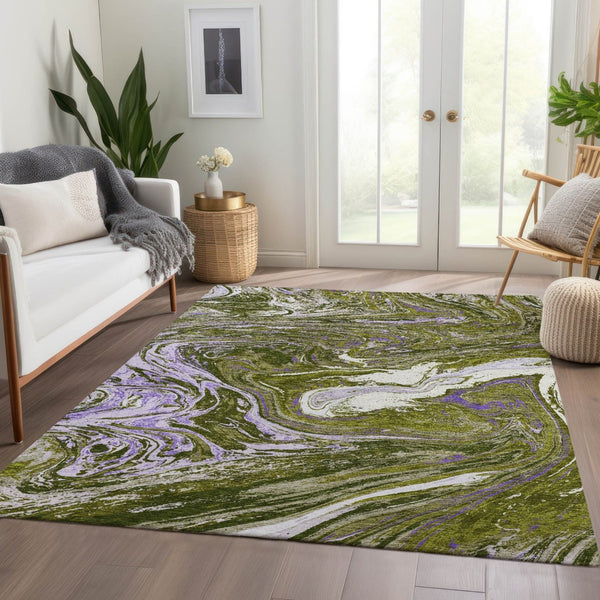 HomeRoots 9' X 12' Stylish Olive Green, Purple & Ivory Abstract Washable Area Rug with UV & Stain Protection 683134