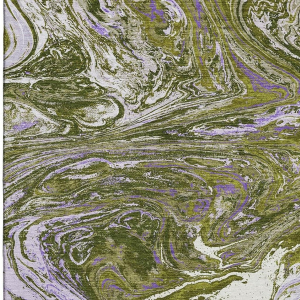 HomeRoots 9' X 12' Stylish Olive Green, Purple & Ivory Abstract Washable Area Rug with UV & Stain Protection 683134