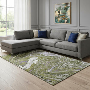 HomeRoots 10' X 14' Olive Green Purple Ivory Abstract Area Rug - Washable, UV Resistant, Stylish & Durable! 683135