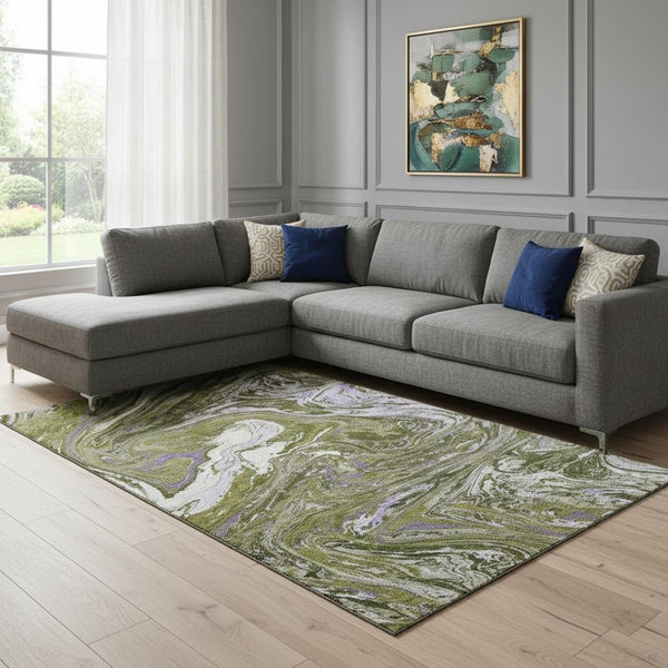 HomeRoots 10' X 14' Olive Green Purple Ivory Abstract Area Rug - Washable, UV Resistant, Stylish & Durable! 683135