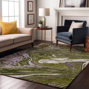 HomeRoots 10' X 14' Olive Green Purple Ivory Abstract Area Rug - Washable, UV Resistant, Stylish & Durable! 683135
