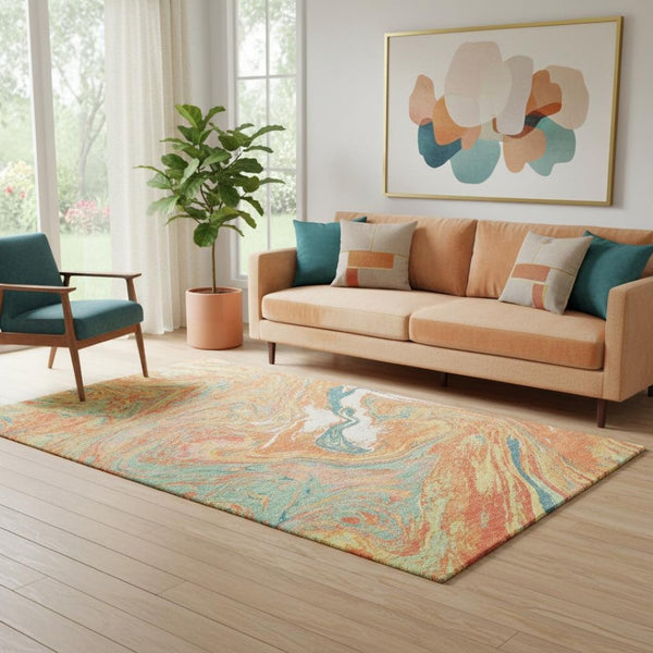 HomeRoots 5' X 8' Washable Area Rug in Vibrant Orange, Teal & Sage - Stain-Resistant, UV Protected Design 683137