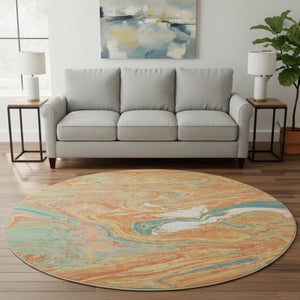 HomeRoots 8' Vibrant Round Rug in Orange, Teal & Sage - Washable, UV-Protected & Durable for High-Traffic Areas 683138