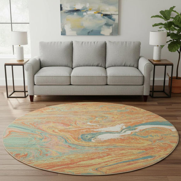 HomeRoots 8' Vibrant Round Rug in Orange, Teal & Sage - Washable, UV-Protected & Durable for High-Traffic Areas 683138