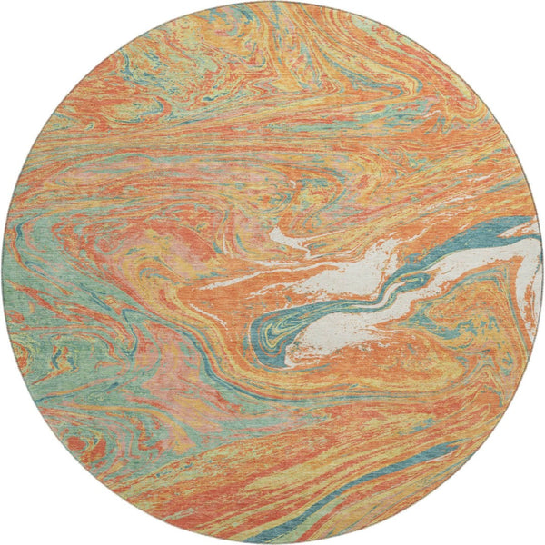HomeRoots 8' Vibrant Round Rug in Orange, Teal & Sage - Washable, UV-Protected & Durable for High-Traffic Areas 683138