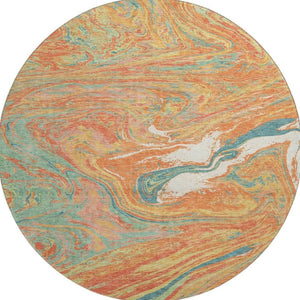 HomeRoots 8' Vibrant Round Rug in Orange, Teal & Sage - Washable, UV-Protected & Durable for High-Traffic Areas 683138
