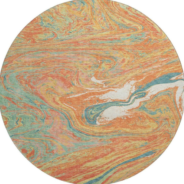 HomeRoots 8' Vibrant Round Rug in Orange, Teal & Sage - Washable, UV-Protected & Durable for High-Traffic Areas 683138