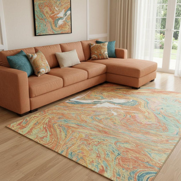 HomeRoots 8' X 10' Vibrant Abstract Area Rug in Orange, Teal & Sage - Washable, UV Protected & Durable Design 683139