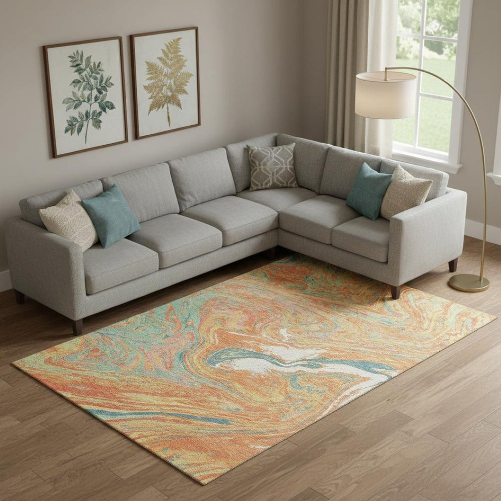 HomeRoots 9' X 12' Vibrant Orange, Teal & Sage Abstract Washable Area Rug with UV Protection & Stain Resistance 683140