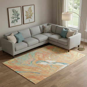 HomeRoots 9' X 12' Vibrant Orange, Teal & Sage Abstract Washable Area Rug with UV Protection & Stain Resistance 683140
